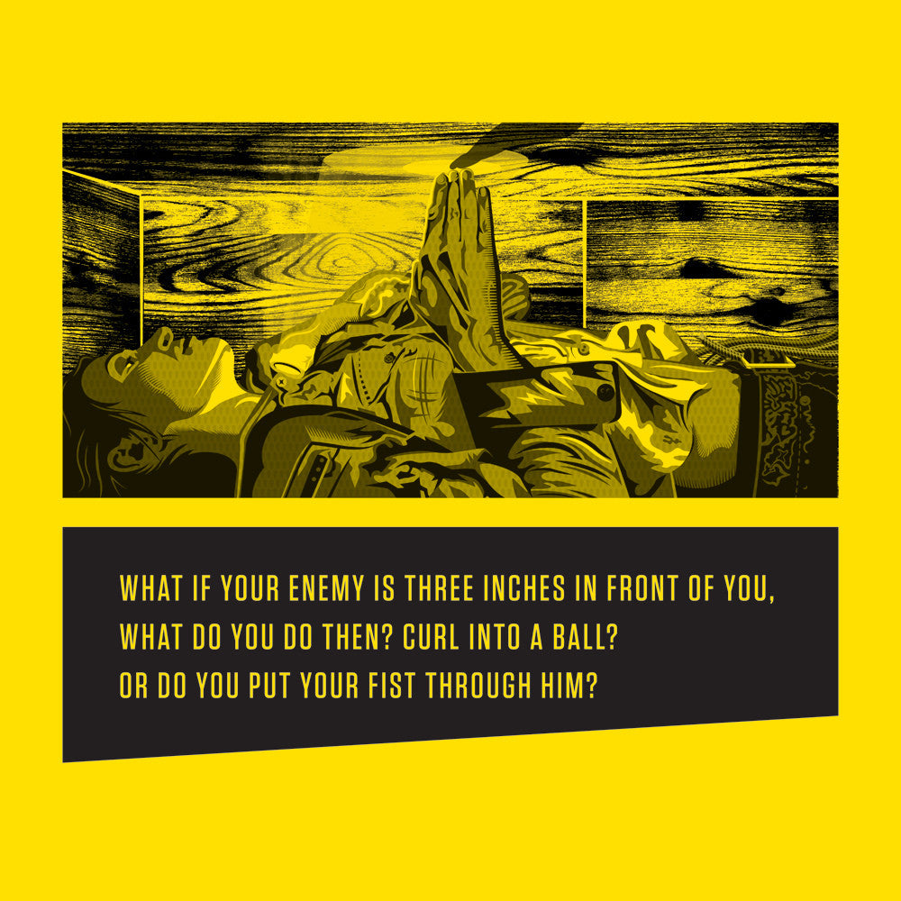 A vivid yellow and black woodcut-style illustration by Derek Ballard shows figures lying down in distress, clasping hands. Bold text on a solid yellow backdrop poses the question: What if your enemy is three inches in front of you, what do you do then?.