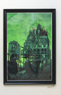 Framed artwork reminiscent of a Daniel Danger piece, showcasing a dystopian cityscape with chaotic, factory-like structures against a moody green sky. Tiny figures at the base exhibit intricate detail akin to Supersonic Invitational screen prints, all in shades of green and black.