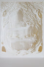 This intricate Hari & Deepti cut paper art piece features a layered forest with trees and abstract shapes, creating depth and shadow that evoke the mystery and whimsy of an enchanted landscape.