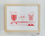 In a San Francisco gallery, Conrad Crespins framed artwork beautifully displays three red sketches of cat faces within a computer screen interface adorned with graph and cursor elements. The piece, elegantly set in a wooden frame, hangs against the pristine white wall.