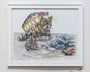 This whimsical watercolor on Bristol board, by Tim Doyle, features a giant cat in a DERP bus costume watched by a cyclist as it interacts with a pigeon among trash. The piece is framed and ready for display.