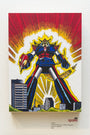 This original Joemur painting features a giant lion-themed robot towering over the cityscape, emitting energy rays amidst explosive colors. Its part of an exclusive exhibit, with the artists name and artwork details in the caption.