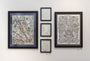 Elaine Penwells framed artworks adorn a white wall: left piece features a mixed media tree with an owl, the center displays three small hand-cut paper pieces, and the right showcases a complex black and white floral and leaf pattern.