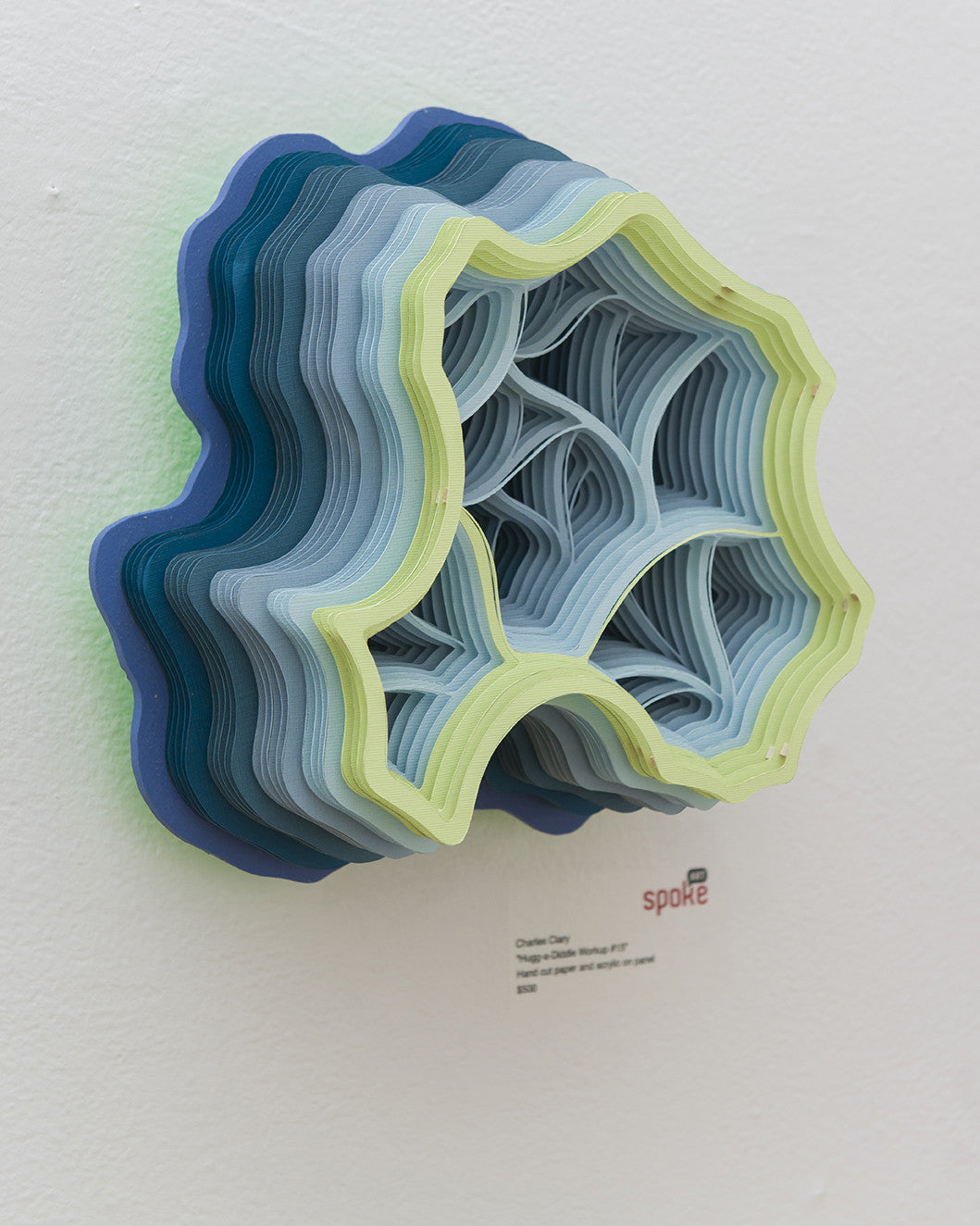 A wall-mounted artwork by Charles Clary features scalloped, layered hand-cut paper resembling a topographic map, showcasing multiple shades of blue and green with an intricate hollow interior. A nearby gallery label accompanies the piece.