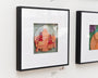 Meghan Stratmans framed artwork features two stylized birds with geometric patterns and red capes against mountain scenery, crafted as a captivating paper collage. Perfect for art lovers seeking to enhance their collection with something unique.