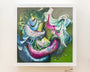 Bio Interloper VI by Crystal Wagner is a vibrant abstract screen print in a square white frame. It features swirling shapes in vivid pink, blue, green, and white on a light background, creating an impression of depth and movement.