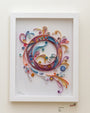 Dive into the enchanting realm of paper art with this framed Yulia Brodskaya piece. Vibrant quilled patterns in blue, orange, pink, and yellow swirl on a white background, offering a unique artwork purchase.