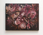 A Craww-inspired masterpiece depicting a womans face emerging through intricate pink and red flowers, with swirling designs blending human and floral elements against a dark background accentuating the vibrant colors.