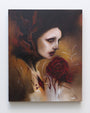 Crawws Through the Veil is a surreal oil on birch panel painting showing a womans face with dark makeup, somber expression, and shadowy tones, highlighted by a large red rose and abstract swirls against an expressive background.