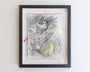 Crawws framed artwork features a detailed graphite sketch of a woman with flowing hair, adorned with floral and celestial motifs. Gold accents highlight areas like gilding leaf, providing contrast to the grayscale design.