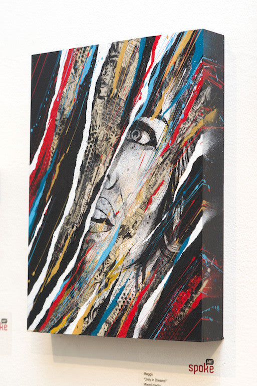 Only in Dreams by Meggs is a vibrant mixed media artwork featuring an abstract face partially hidden by dynamic streaks of red, blue, yellow, and black, providing depth and emotion to the canvas.