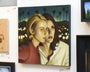 This captivating oil on canvas by Michael Ramstead showcases two women gazing intensely in unison, set against a blurred backdrop of palm trees and lights. Displayed on a gallery wall, its an intriguing artwork for sale.