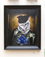 Joemurs framed oil on canvas shows a skeleton with a white cloth and black beret, holding a vibrant blue lotus, echoing the elegance of the Elephant Man. A warm dark brown background enhances the striking contrast with the vivid blue flower.