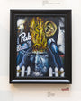 Joemurs framed acrylic painting features abstract elements like a flaming head, gears, a face, and a fence. Vibrant colors and textures reveal Pab and Blue R, creating intrigue on the gallery wall.