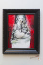 Framed art by Jon Wayshak features a surreal scene with a child-like figure holding an animal, set against a vibrant red background. This mixed media piece blends abstract and realistic elements, offering a dreamlike atmosphere ideal for art lovers and collectors.