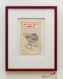 This framed graphite art piece by Jason DAquino showcases VERBAL ORDERS DONT GO WRITE IT in bold red, above lined sections labeled Date, To, and From. Below these lines is an abstract black and white illustration resembling a rocking horse.