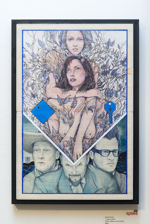 An artistic illustration by Alex R. Kirzhner, similar to I Hate Us Both, shows two intertwined women with plants on mixed media wood panels. Beneath them, three men in hats and glasses are depicted geometrically, featuring woven blue geometric shapes.