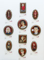 A gallery wall displays ten ornate framed illustrations of fictional characters. Accompanied by labels and the Spoke Art logo, it features an eclectic mixed media piece by Evan Harris with a captivating portrait of Agent Cooper.
