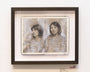 Lauren in Stripes is a framed artwork by Patrick Mathews, featuring two similar portraits of a woman in a striped shirt. The textured grayscale background enhances the graphite ink and gouache details, with Mathews signature in the bottom right.