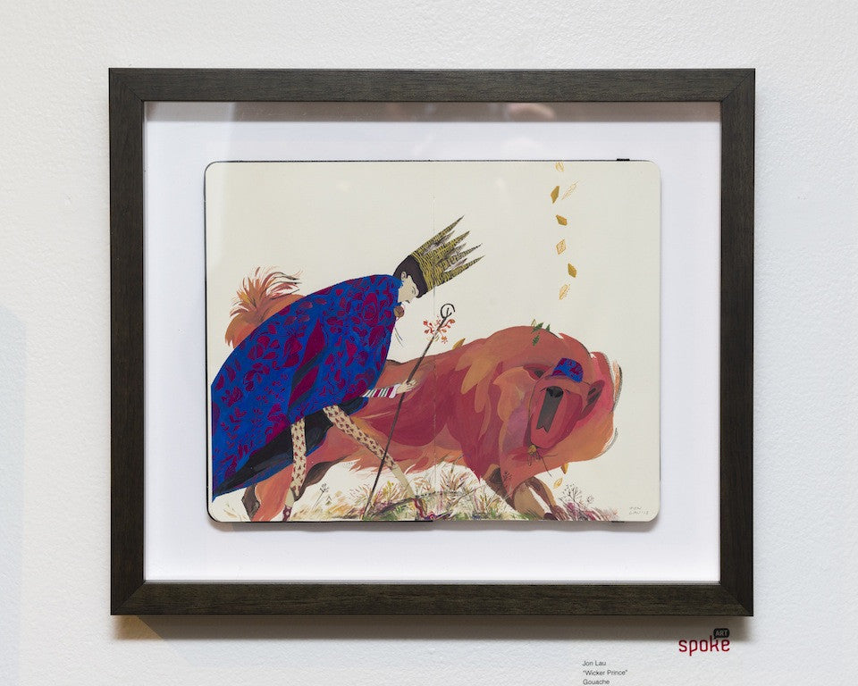 Framed art by Jon Lau features a stylized figure in a blue cloak and crown, holding a staff, walking with a large red creature with an open mouth. The Wicker Prince is set against abstract floral elements.