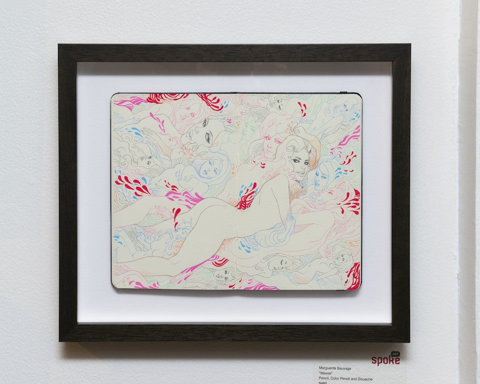 Marguerite Sauvage framed artwork features abstract figures intertwined with swirling patterns in vibrant red, blue, and pink gouache on Moleskine. The off-white background enhances the dynamic movement of the figures.