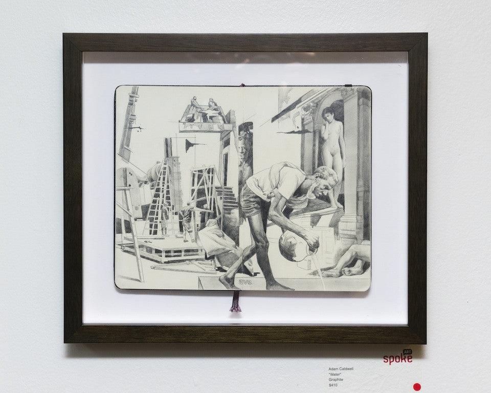 A framed sketch by Adam Caldwell titled Study of Life, rendered in graphite on Moleskine paper, depicts various figures in different poses—leaning, seated, standing—against a backdrop of scaffolding and classical elements.