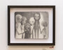 Ana Bagayan offers a framed black and white drawing on Moleskine paper, featuring six stylized, long-limbed hybrid children with large eyes and serene expressions, standing hand in hand against a minimal background that suggests night or a starry sky.