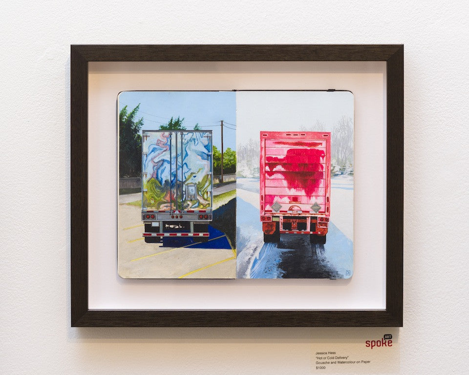 Framed artwork by Jessica Hess features gouache and watercolor paintings of two trucks: the left with an abstract design and the right in bright pink, on separate canvases against a pristine white wall.