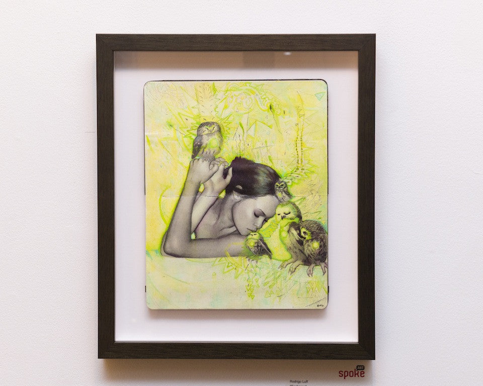 Rod Luffs framed artwork features a woman with closed eyes, encircled by birds and abstract patterns in gentle yellows and greens, creating a refreshing ambiance. Mounted in an elegant black frame on a white wall, it exudes tranquility and reflection.