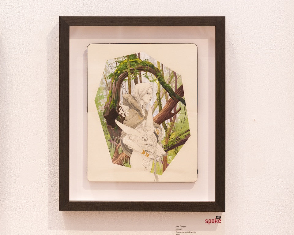 The wall features a framed gouache illustration by J.A.W. Cooper, depicting a person in a cloak with a bow in a forest setting, surrounded by lush green foliage. The artwork is titled and labeled at the gallery display.