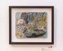 A collage-style framed artwork by Serge Gay Jr. features a woman in sunglasses with an intricate hairstyle set against acrylic painting, a vintage car with MODERN text, and a background filled with patterns and abstract designs. A gallery label is at the bottom right.