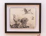 Framed pencil sketch by Ryan A. Lee depicts a dynamic scene of an armored rider on horseback with a spear, interacting with birds flying above, capturing the spirit of Cheval de Bataille.