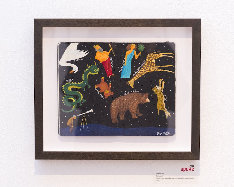 Max Daltons framed artwork portrays constellations as animals and figures, including an eagle, snake, bear, and giraffe. The cosmos watercolor design features labels and star patterns on a black background, resembling pages from an open book.