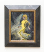 Rich Pellegrinos framed artwork features a stylized figure in a yellow outfit with a sword, created using gouache and acrylic. The character stands out dynamically against a dark, abstract background that vividly emphasizes motion and energy.