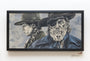 Framed painting by Nick Comparone shows two figures in western attire: one, in profile with a wide-brimmed hat, and the other, a bearded character with an eye patch. The background of abstract patterns and faint cowboy figures evokes stencil collage artistry.