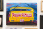 Acrylic on canvas painting by Gwendolyn depicting the rear of a yellow truck with Pussy Wagon in bold red letters, against a blurred blue and red background. Features include a distinctive spoiler and visible license plate, exuding vibrant energy.