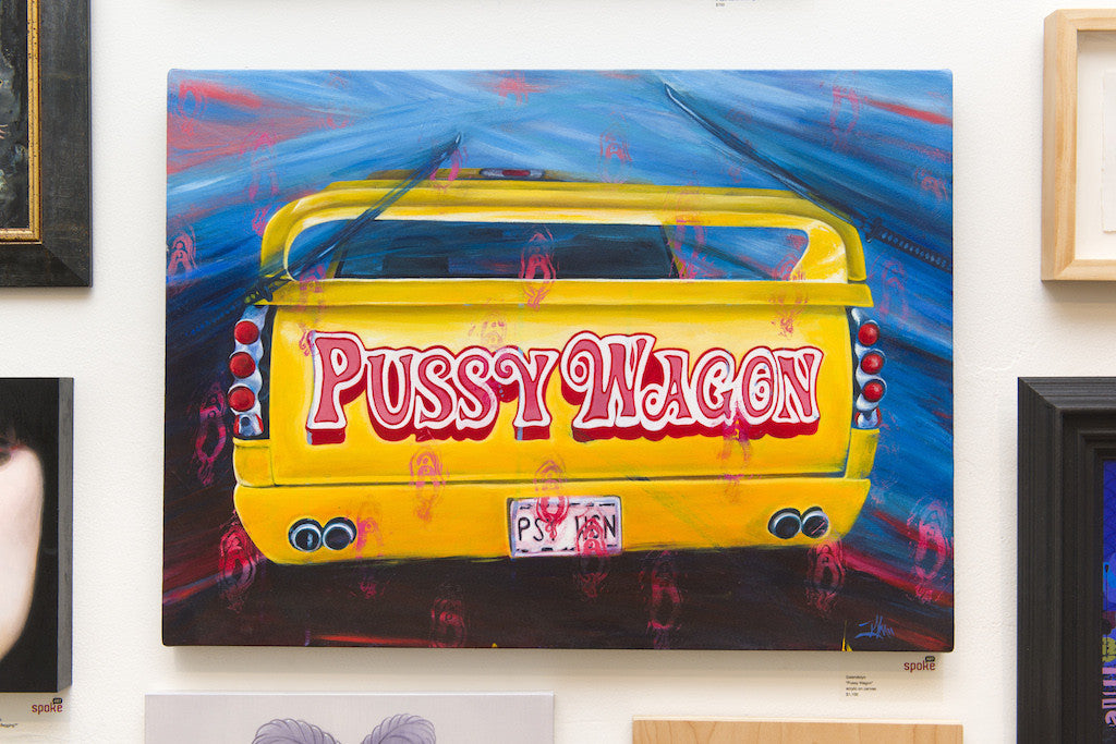 Acrylic on canvas painting by Gwendolyn depicting the rear of a yellow truck with Pussy Wagon in bold red letters, against a blurred blue and red background. Features include a distinctive spoiler and visible license plate, exuding vibrant energy.
