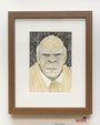 Framed portrait by Alex R. Kirzhner features a light-skinned man with bushy white eyebrows and short white hair, wearing a collared shirt, light brown sweater, and bow tie. The dark background has tree branches. This ink graphite original titled Art Spoke is signed in the corner.