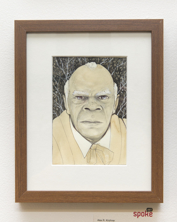 Framed portrait by Alex R. Kirzhner features a light-skinned man with bushy white eyebrows and short white hair, wearing a collared shirt, light brown sweater, and bow tie. The dark background has tree branches. This ink graphite original titled Art Spoke is signed in the corner.