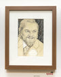 Framed artwork by Alex R. Kirzhner featuring a bearded man in a suit and tie grinning against a textured dark background. The wooden frame enhances the piece, which is signed in the bottom right corner.