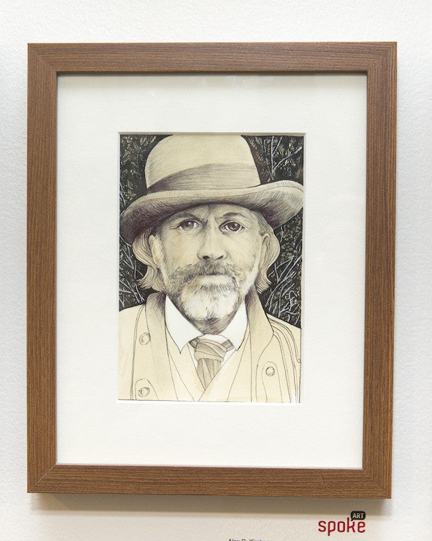 Framed artwork by Alex R. Kirzhner, featuring a bearded man in a hat and suit amid detailed foliage, reminiscent of King Schultz art. Its set in a wooden frame with the Art Spoke logo at the bottom.