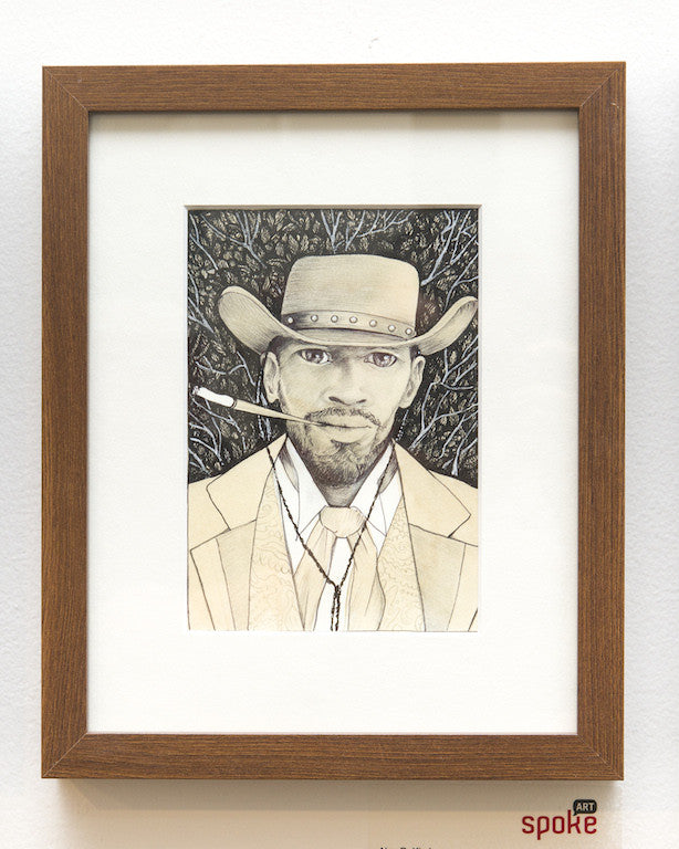 Framed illustration by Alex R. Kirzhner: A man in a cowboy hat with a toothpick, wearing a suit and tie against a dark, intricate background reminiscent of Quentin vs Coen film characters.