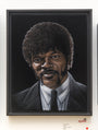 A framed painting of a man with dark curly hair and sideburns in a black suit and white shirt, crafted in acrylic on velvet. On display are the words Bruce White and Spoke, exuding cinematic intrigue reminiscent of Quentin vs Coen.