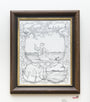 Irma Riveras framed pencil drawing showcases a man in a suit sitting on a tree branch, holding something small. The whimsical scene is intricately detailed with landscapes, trees, and clouds surrounding the branch.