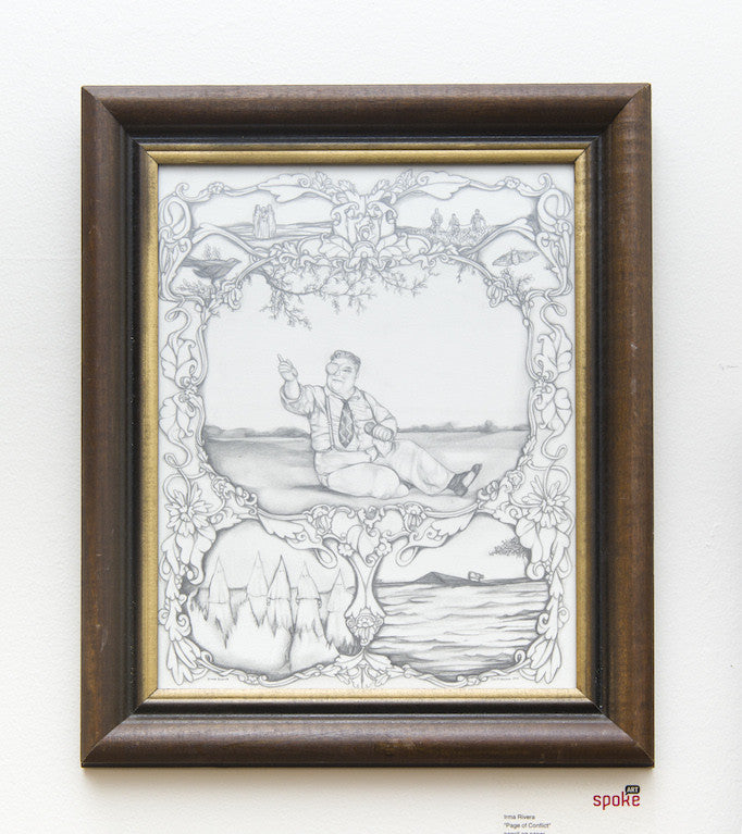 Irma Riveras framed pencil drawing showcases a man in a suit sitting on a tree branch, holding something small. The whimsical scene is intricately detailed with landscapes, trees, and clouds surrounding the branch.