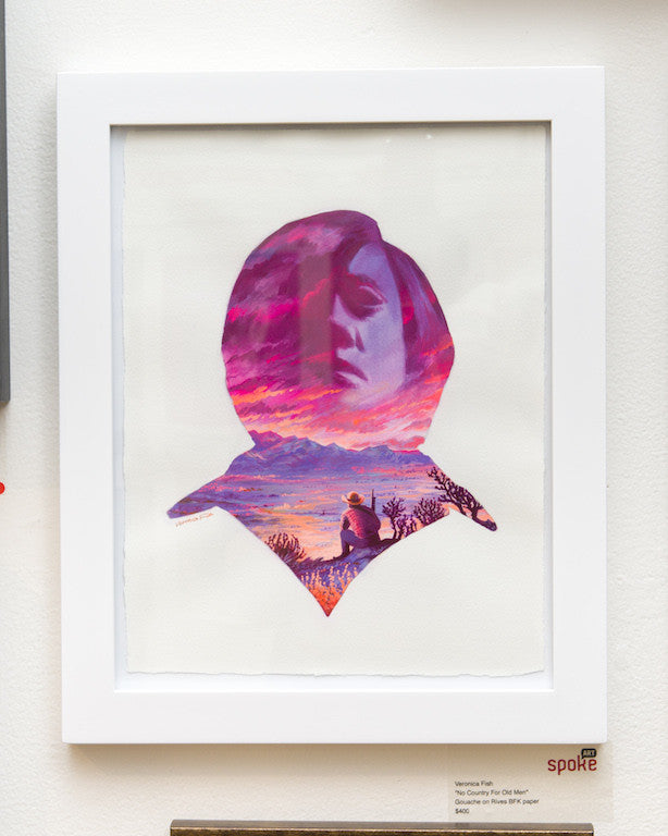 A gouache painting by Veronica Fish displays a silhouetted woman filled with a sunset over mountains. Below, a figure sits on a hill admiring the view. It comes signed and framed for gallery display.