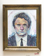 A wood-framed Acryla Gouache painting by Rich Pellegrino showcases a man in a suit with a vibrant, abstract face. The piece captivates with its expressive brush strokes, vivid colors, intense eyes, and emotionally charged expression.