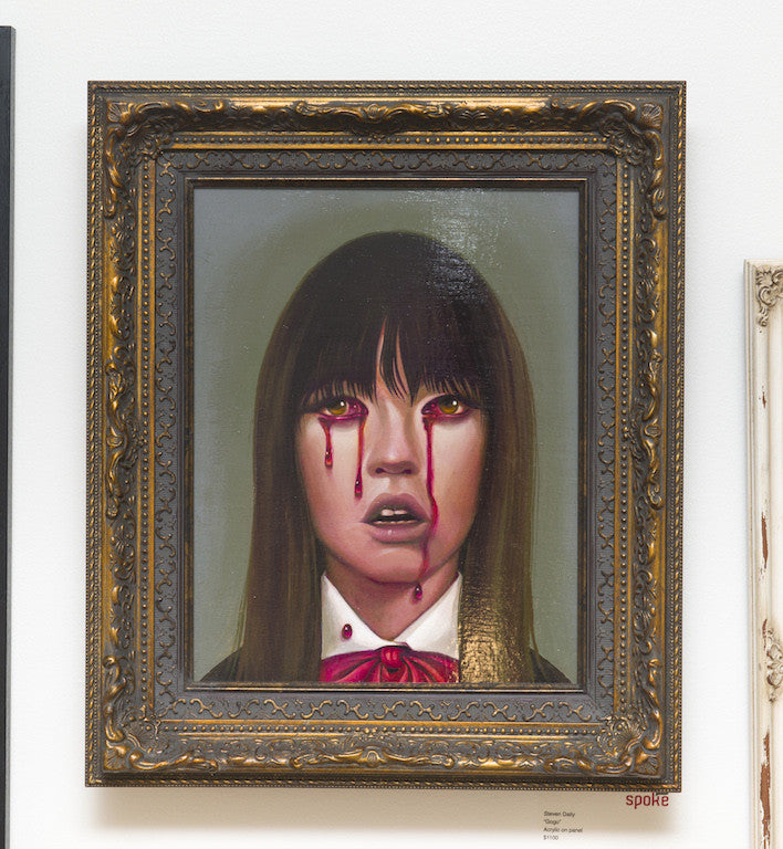 Acrylic on panel painting of a girl with long dark hair and bangs, red tears, white collared shirt, red bowtie, in an ornate dark frame on a white wall. The haunting style is reminiscent of Steven Dailys work.