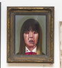 Acrylic on panel painting of a girl with long dark hair and bangs, red tears, white collared shirt, red bowtie, in an ornate dark frame on a white wall. The haunting style is reminiscent of Steven Dailys work.