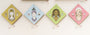 Four diamond-shaped artworks adorn the wall, featuring unique portrayals: a woman with tools in O-Ren Gicleé style, one with floral elements, a digital-themed portrait, and a nurse surrounded by spirits—all crafted by Dan Christofferson.